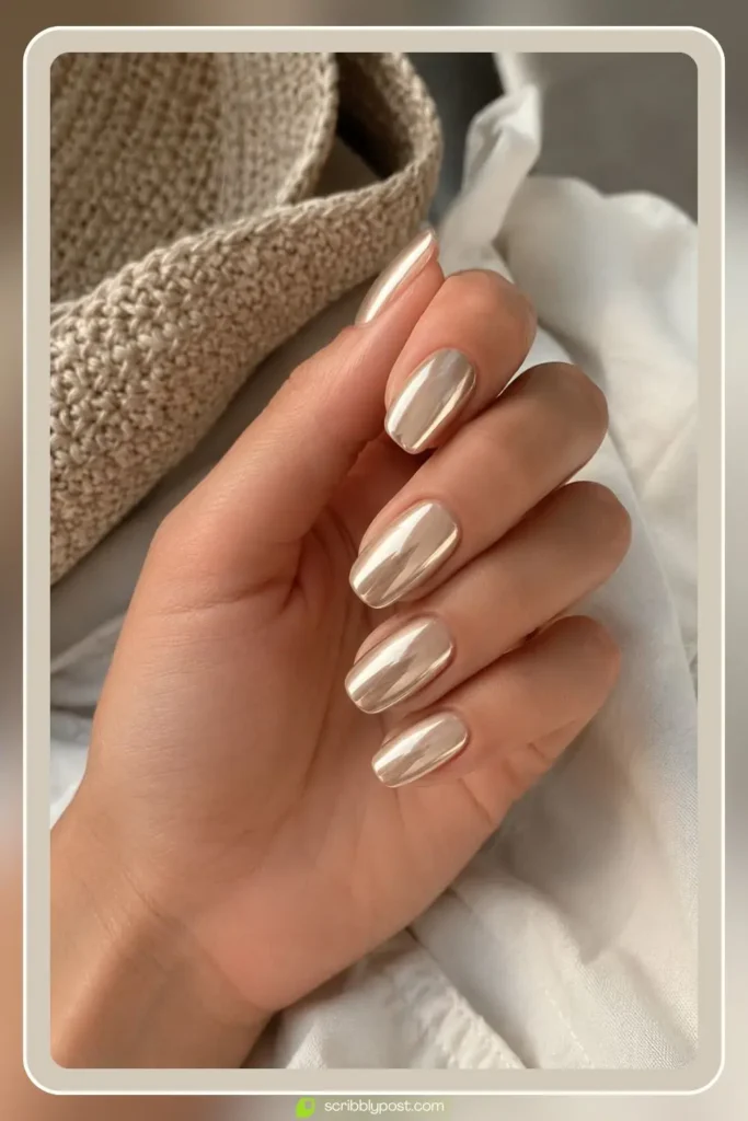 Champagne chrome nails with soft gold neutral metallic finish