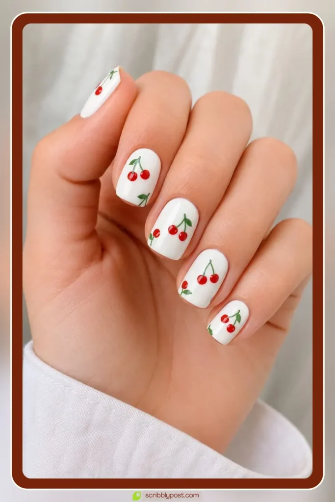 red cherry nail art on white base with green stem detail short squoval nails