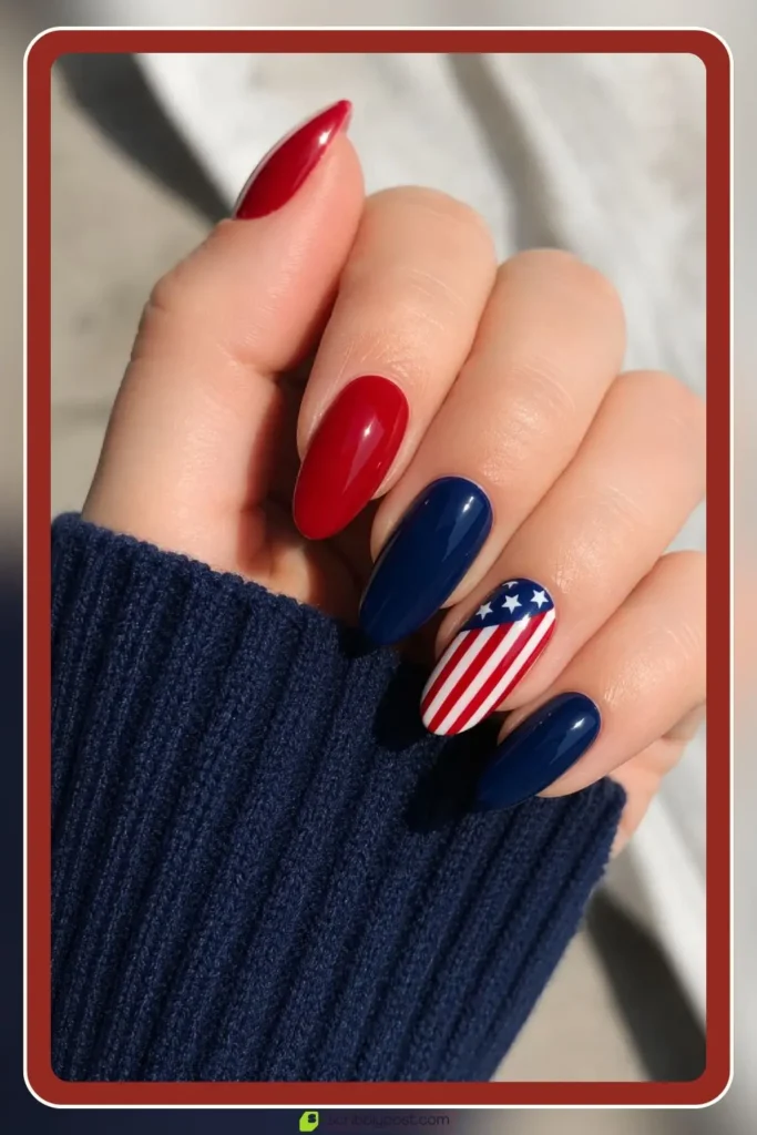 red white blue flag stripe accent nail with star corner on natural base