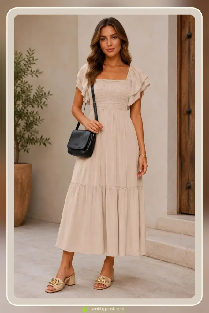 Classic brunch outfit with midi dress in a solid color worn with block heel sandals