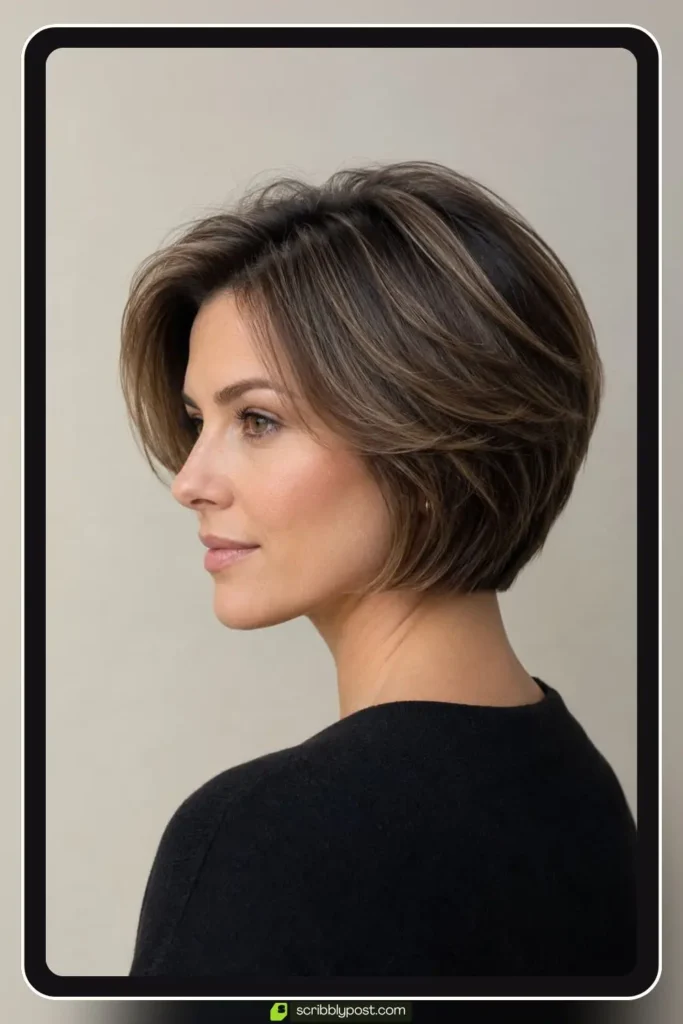 Classic short layered haircut at chin length with blended graduated layers on straight hair