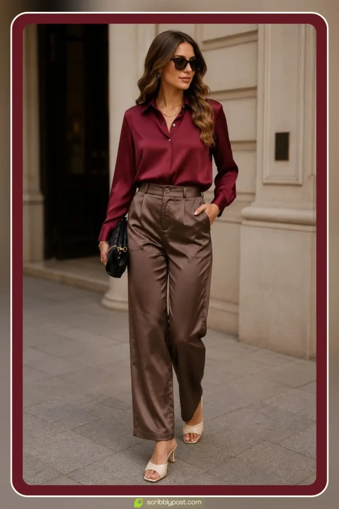 Classy brunch outfit with tailored wide leg silk trousers, pointed toe mules, and silk blouse
