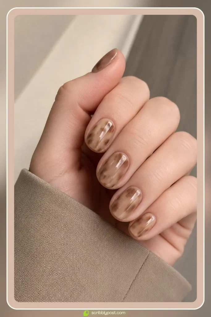 Short nails with soft beige and brown classy tortoise shell pattern and glossy finish
