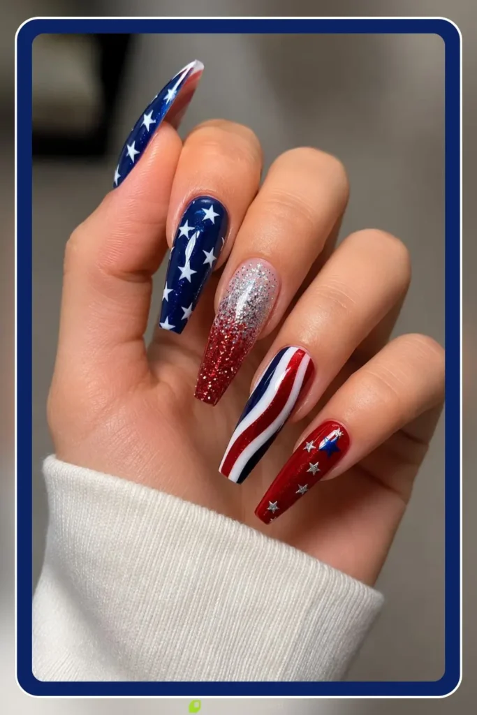 long coffin press-on nails with american flag art stars and glitter in red white blue