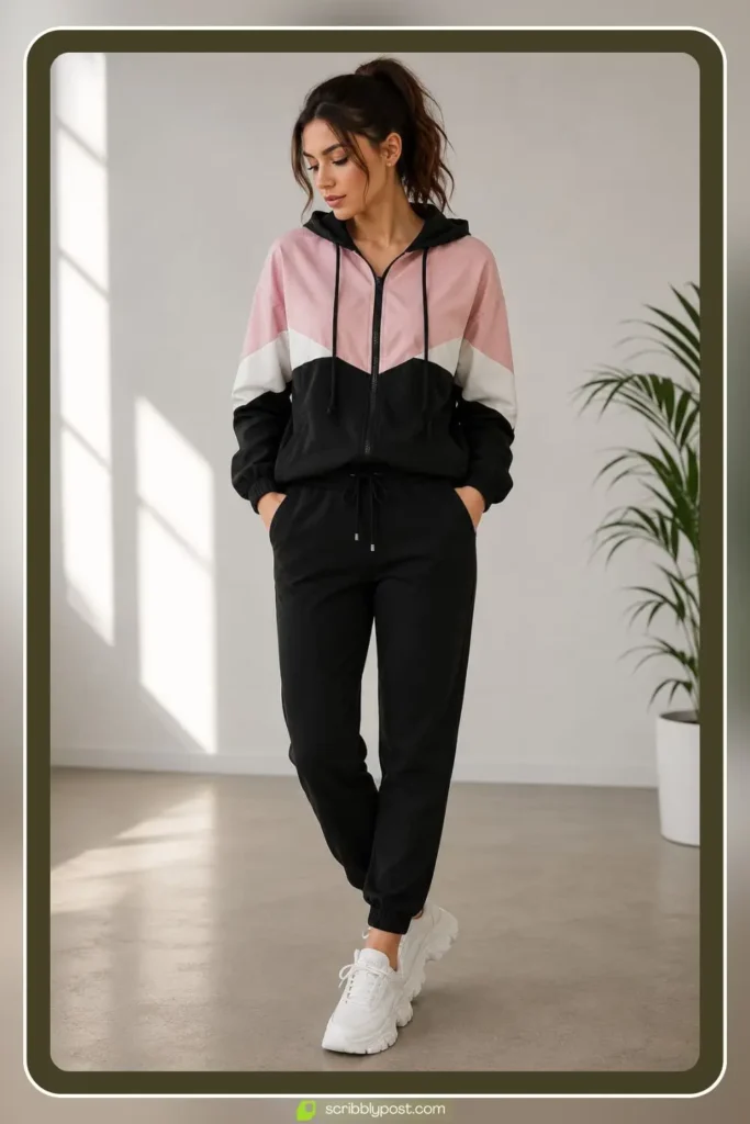 Color-Block Windbreaker with Joggers and Chunky Sneakers