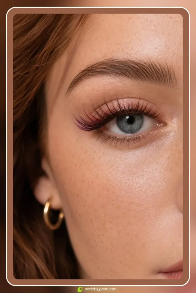 Colored lash extensions with brown and burgundy fibers mixed through a natural lash set