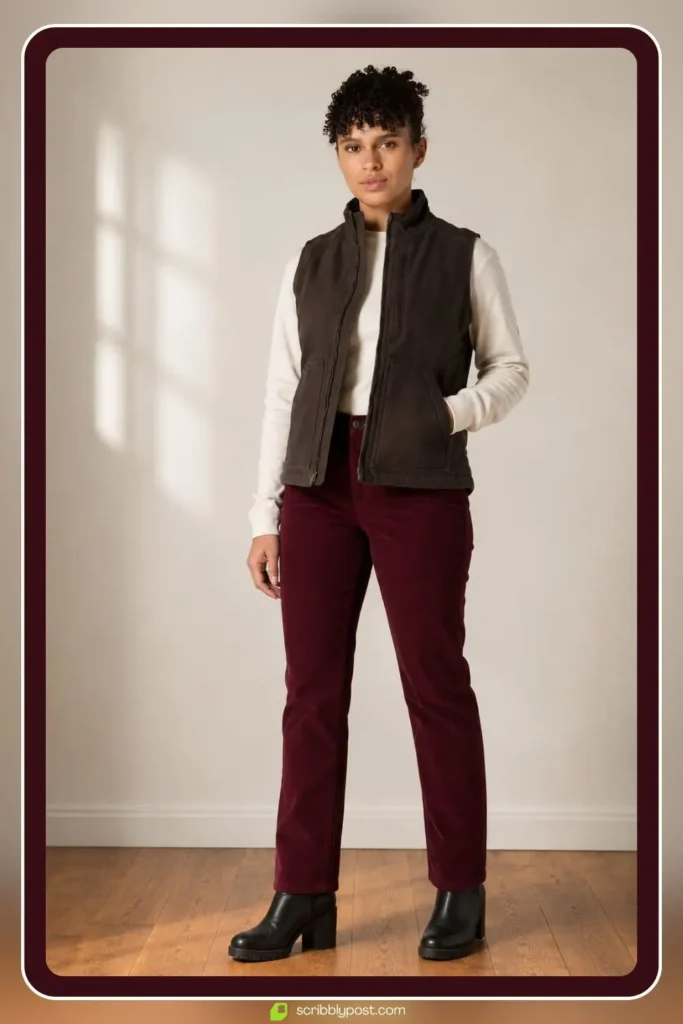 Corduroy Pants with a Sherpa Lined Vest and Ankle Boots