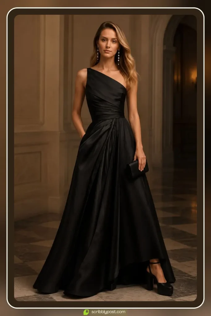 Black corset bodice ball gown with structured boning and full tulle skirt at a formal gala