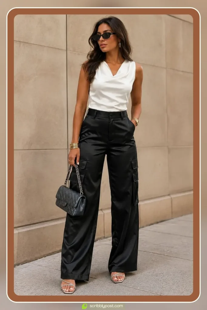 Cowl Neck Top with Straight Satin Pants and Strappy Heels