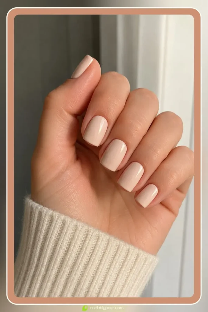 Creamy nude cream nail polish on short square clean girl nails with a flat finish