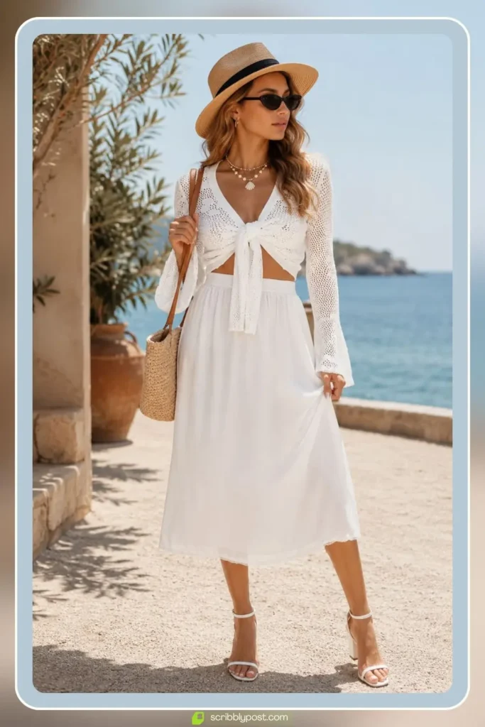 White crochet boho maxi dress with open knit pattern worn over a slip at the beach