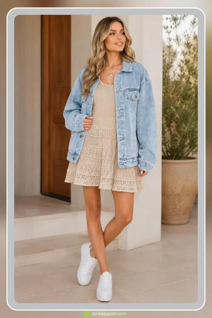 Crochet Mini Dress with a Denim Jacket and Sneakers