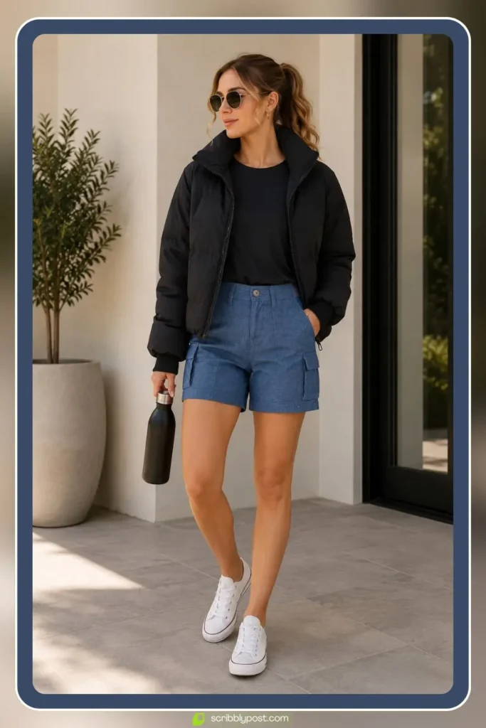 Cropped Puffer Jacket with High-Waisted Hiking Shorts and a Long-Sleeve Tee