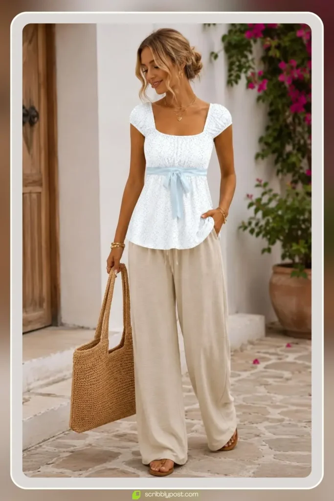 Cute brunch outfit with floral babydoll top, linen wide leg trousers, and woven straw bag