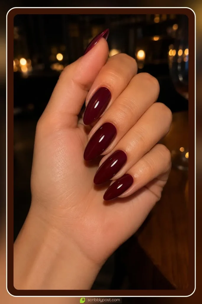 Deep wine glossy nails on almond shape, Date Night Glossy Statement Design, best nail designs