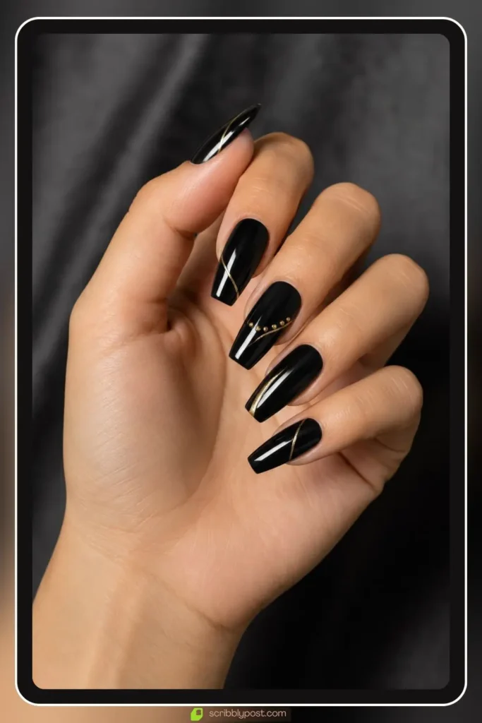 Glossy black nails with thin gold line accent, Deep Black Statement Design, best nail designs