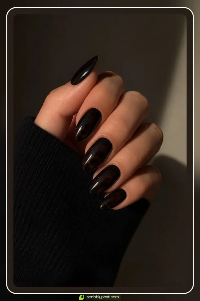 Dark espresso tortoise shell nails with deep brown and black pattern