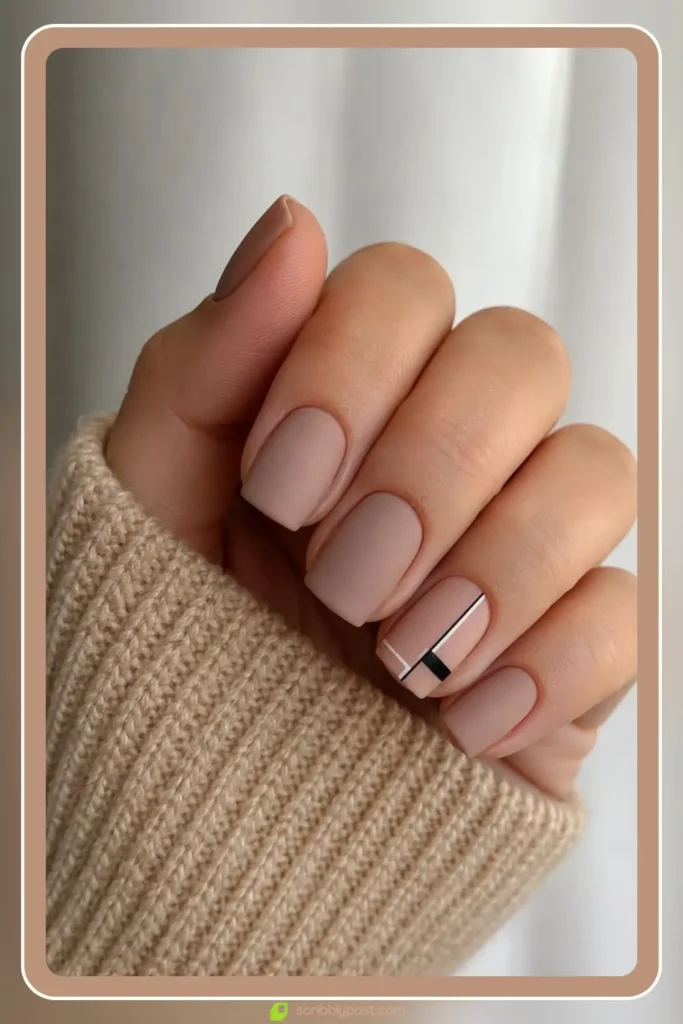 Neutral square nails with one geometric accent nail, Everyday Square Art Accent Design, best nail designs