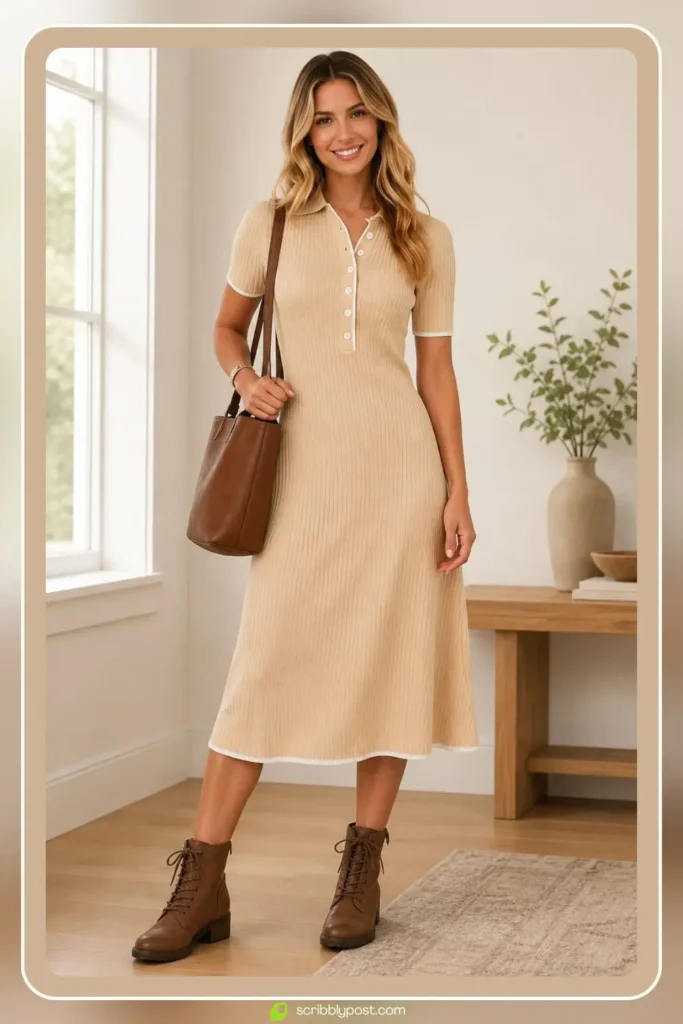 Fall brunch outfit with ribbed knit midi dress, leather ankle boots, and structured leather tote