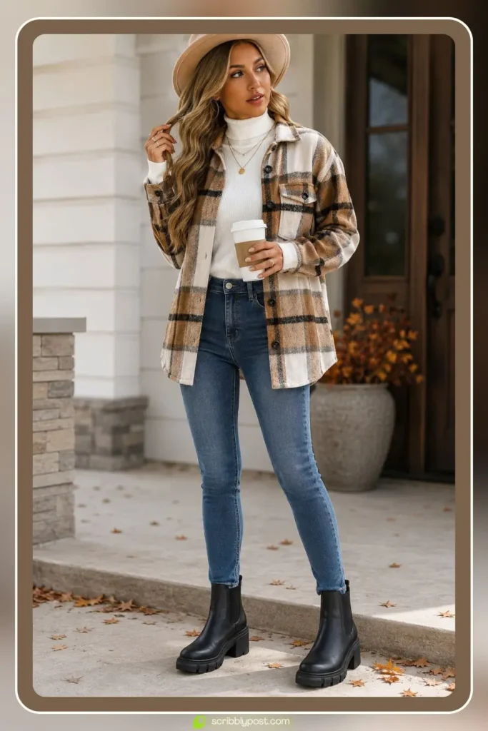 Fitted Turtleneck Under a Shacket with Wide-Leg Jeans and Chelsea Boots