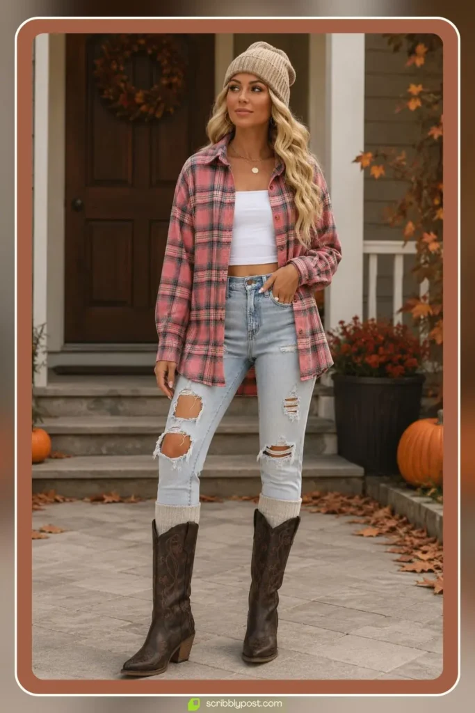 Flannel Shirt with Wool Socks, Skinny Jeans, and Tall Boots