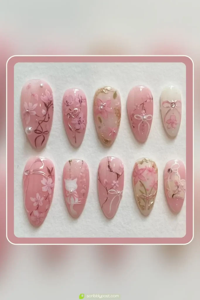 Floral Accent Press-On Nails Almond Set