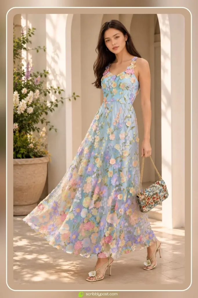 3D flower A-line formal prom dress with botanical applique detail for a spring formal