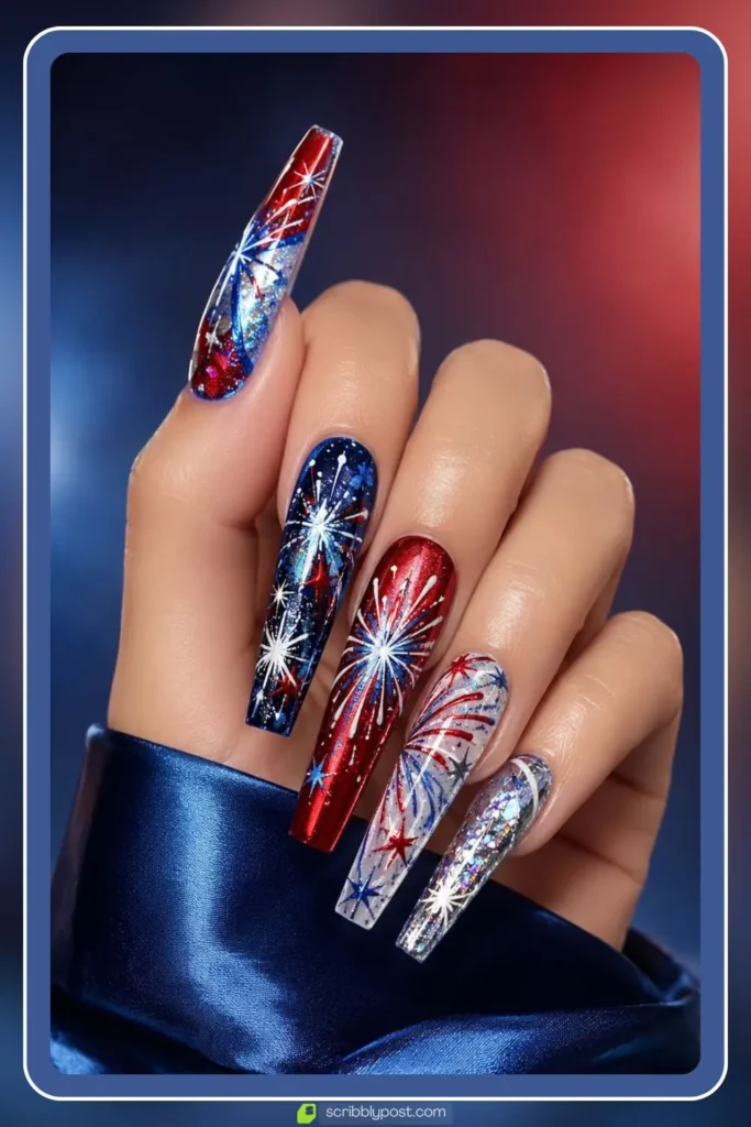 long coffin nails with detailed firework burst art glitter and chrome red white blue