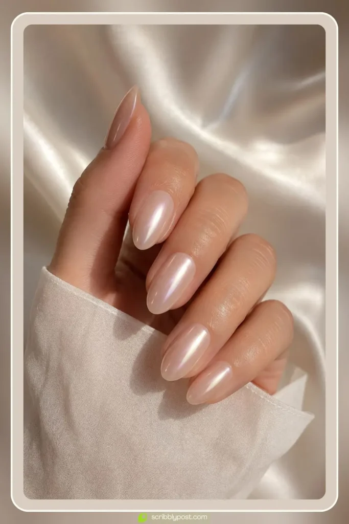 Pearl chrome nail powder on oval nails with a sheer nude gel base and mirror finish
