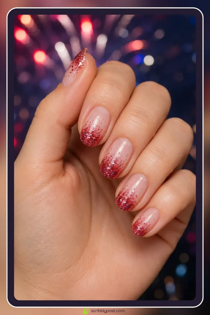 red glitter gradient tip nails fading from clear base on short nails