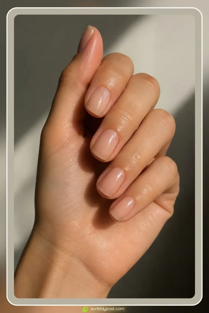 High shine glossy clear nail polish on clean buffed nails for a clean girl look