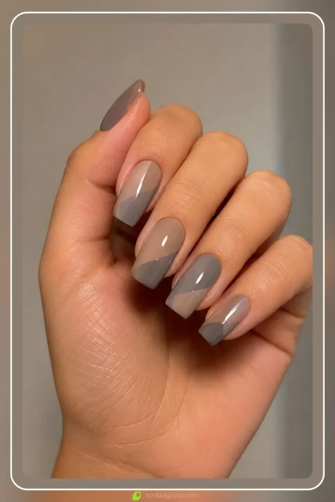 Taupe and grey two tone nails split diagonally, Glossy Greige Two Tone Design, best nail designs