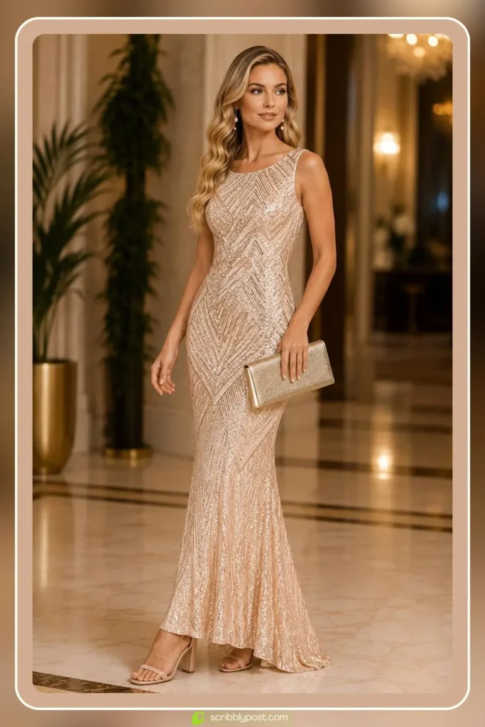 Gold sequin mermaid prom dress with all-over shimmer for a glamorous formal event