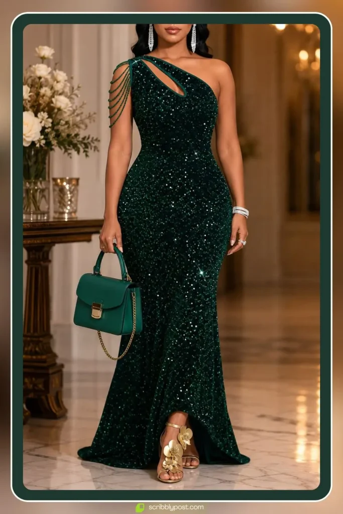 Emerald green sequin mermaid prom dress for a glamorous formal night