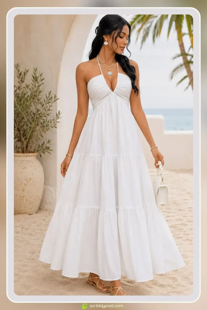 White halter neck boho maxi dress with open back and flowing skirt