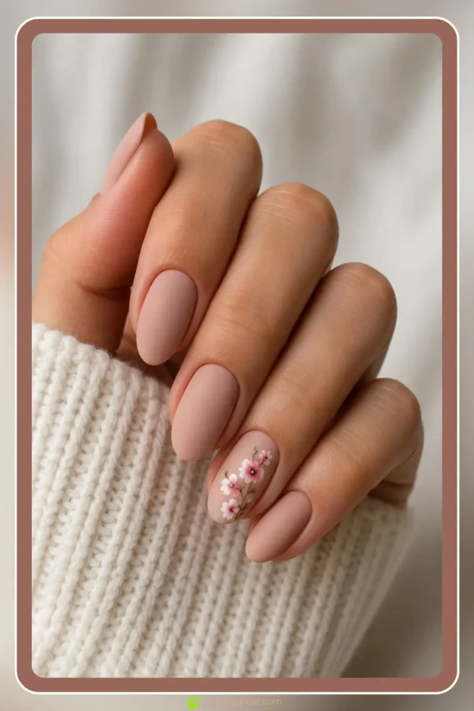 Small hand painted florals on one accent nail, Hand Painted Floral Accent Design, best nail designs