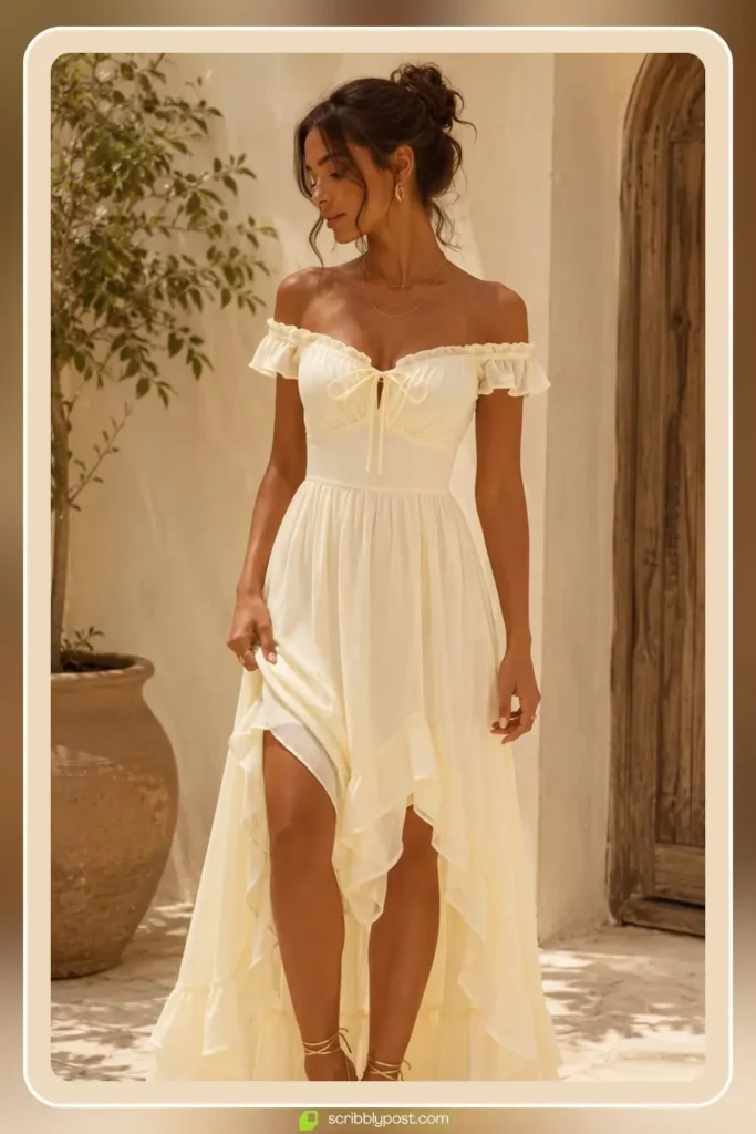 White high low boho dress with ruffled asymmetric hem and flutter sleeves