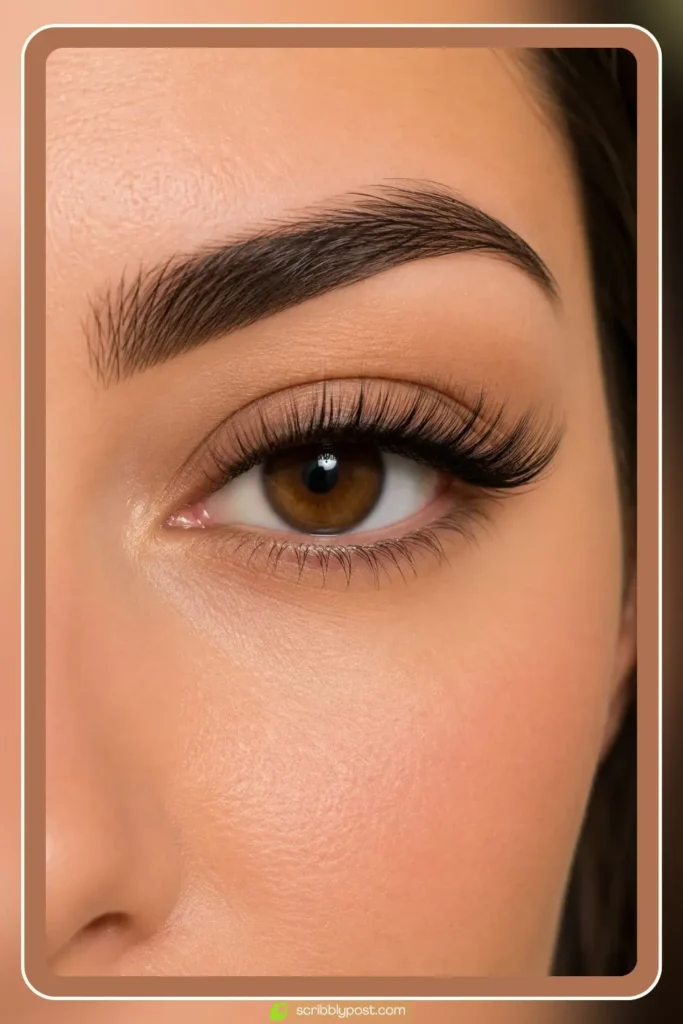 Hybrid eyelash extensions mixing classic single lashes with volume fans for a textured lash look