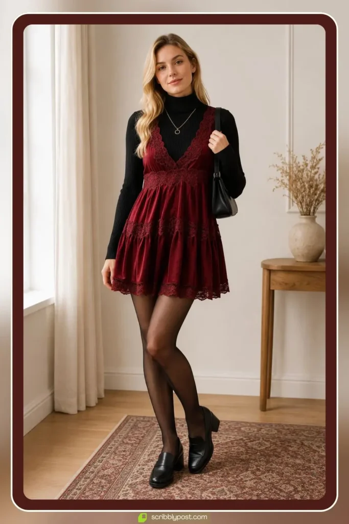 Lace Slip Dress Over a Fitted Turtleneck with Loafers