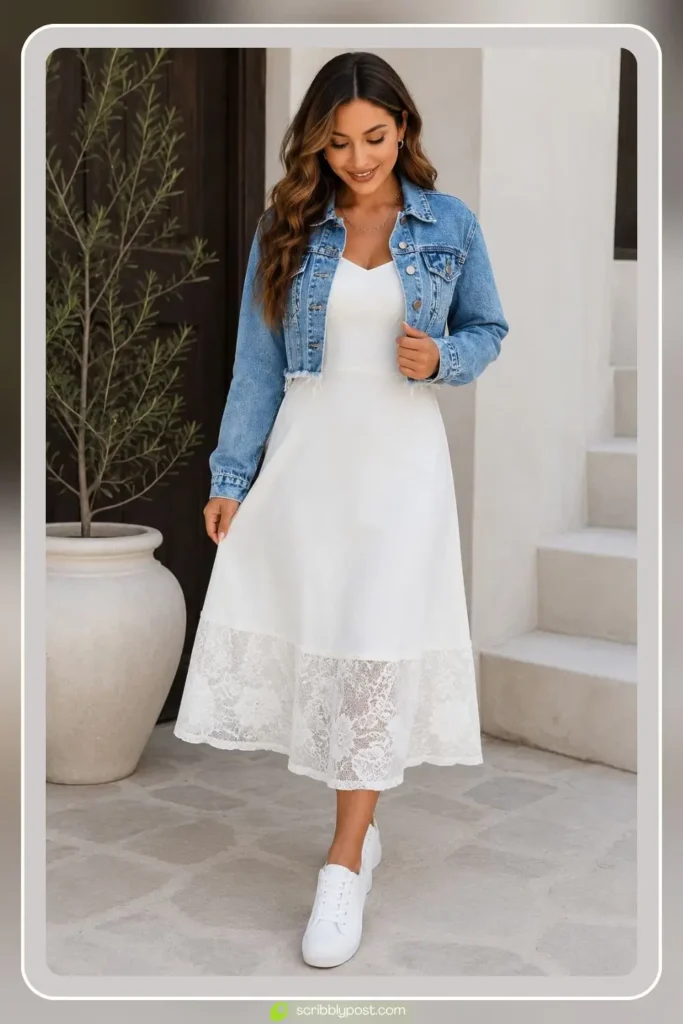 White slip style boho midi dress with delicate lace trim and thin straps