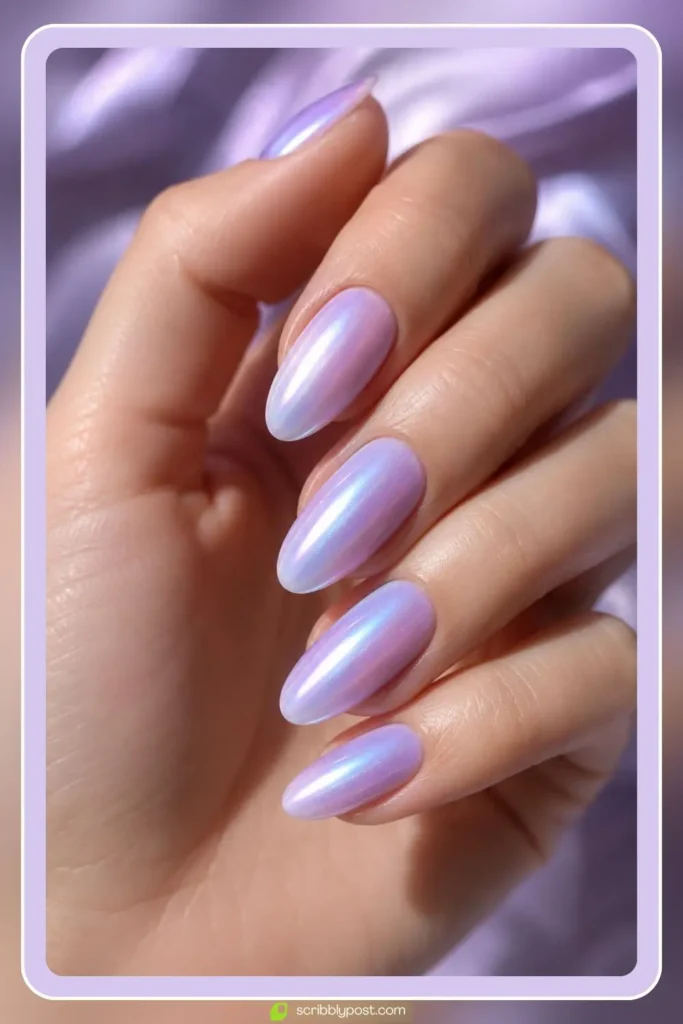 Lavender nails with cool toned pearl sheen shifting between purple and blue