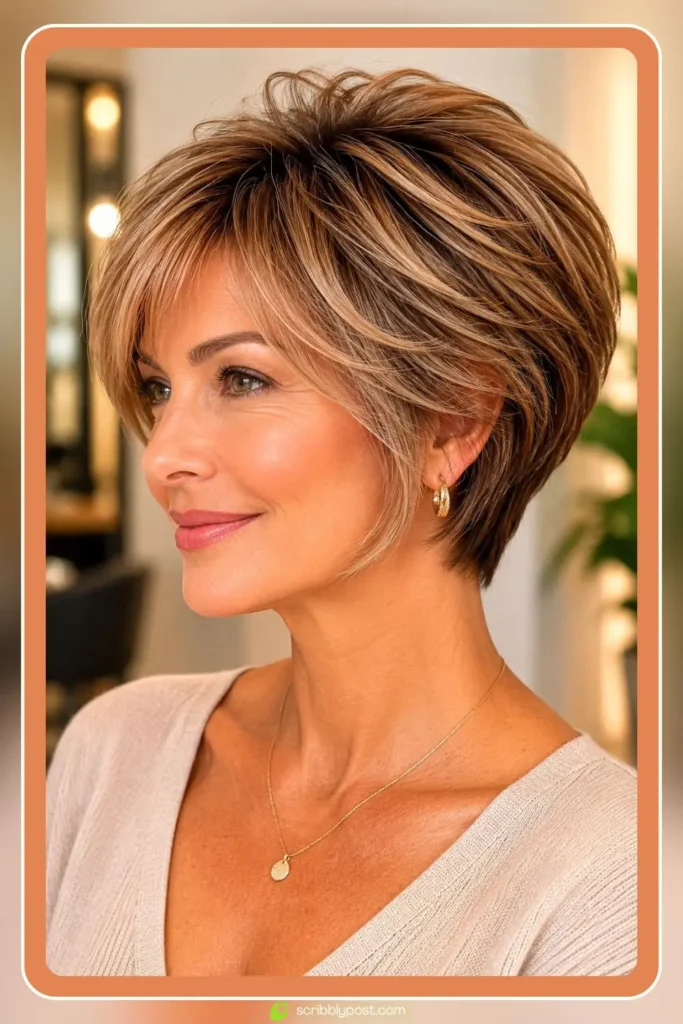 Short layered haircut for fine hair with crown layers adding volume on straight hair