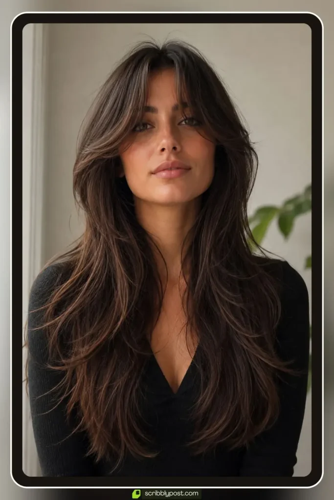 Long Layered Haircut with Curtain Bangs