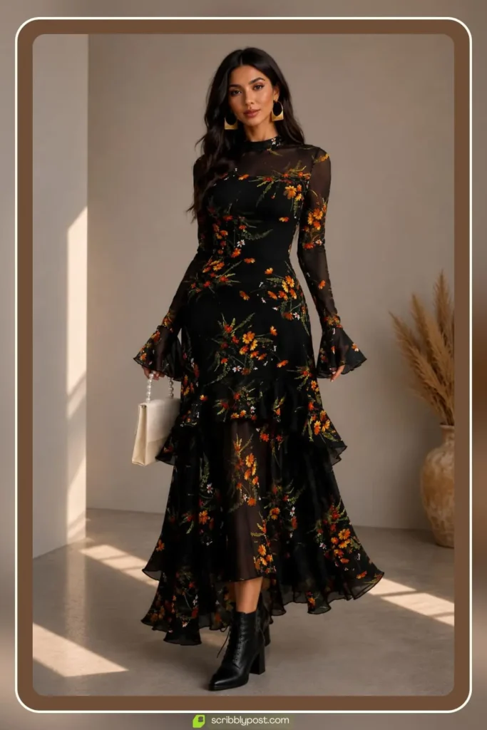 Long sleeve fitted black gown with a high neck and floor length hem styled with statement earrings