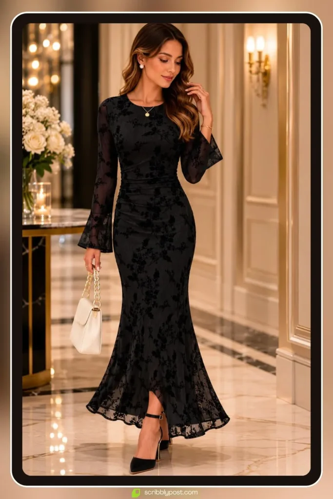 Long black lace gown with sheer full sleeves and a lined bodice for a formal winter event