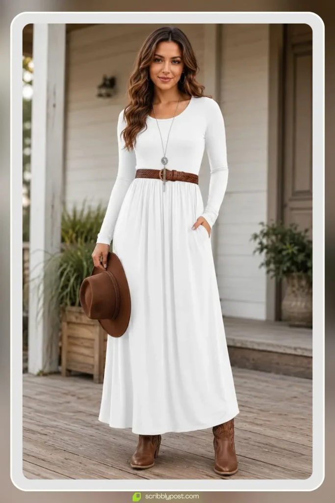 Long white prairie style boho maxi dress with bishop sleeves and high ruffle neckline