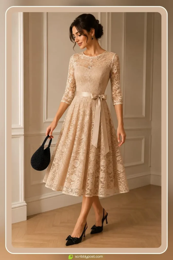 Long sleeve lace illusion prom dress with sheer coverage and formal silhouette