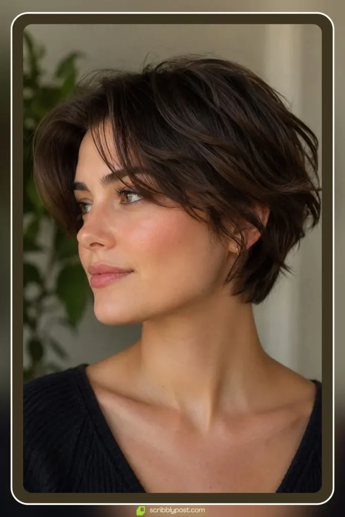 Low maintenance short layered haircut with soft blended layers on wavy hair air-dried