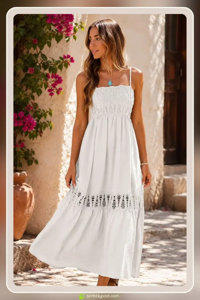 White boho maxi dress with fitted crochet bodice and flowing gauze skirt