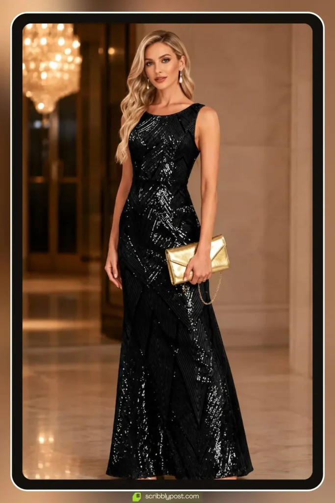 Fitted sequin mermaid prom dress with flared skirt on a formal dance floor
